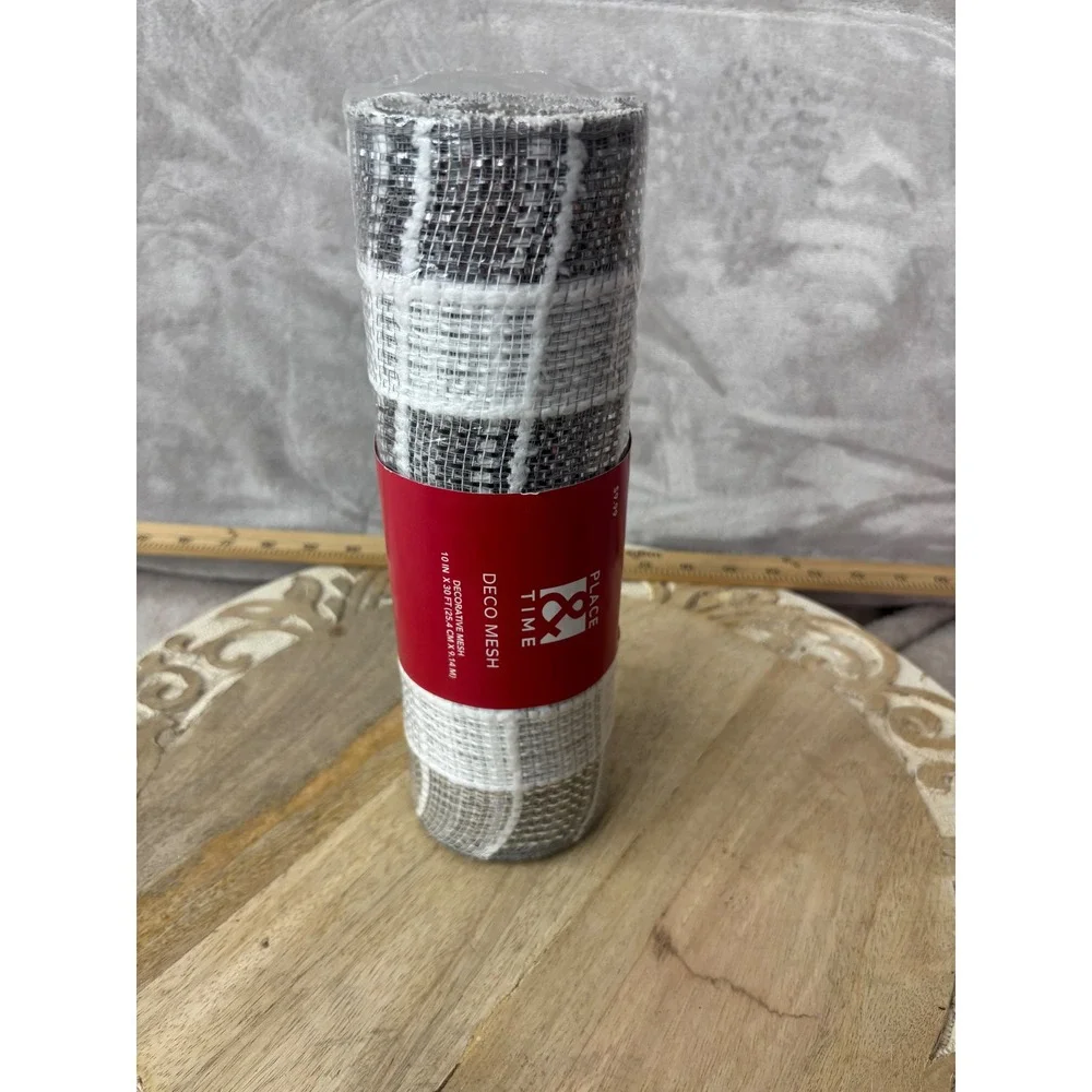 Place & Time Deco Mesh Silver White Black Plaid 10in x 30ft Holiday Ribbon NEW
